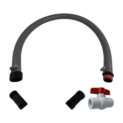 Grey PVC hose assembly with rigid helix and smooth bore is used for suction and delivery of water from dams, reservoirs or water tankers with the hose size and end connections varied to suit the pump. End connections are polypropylene Nut & Tail and ball valve retained with W2 grade perforated band Worm Drive clamps